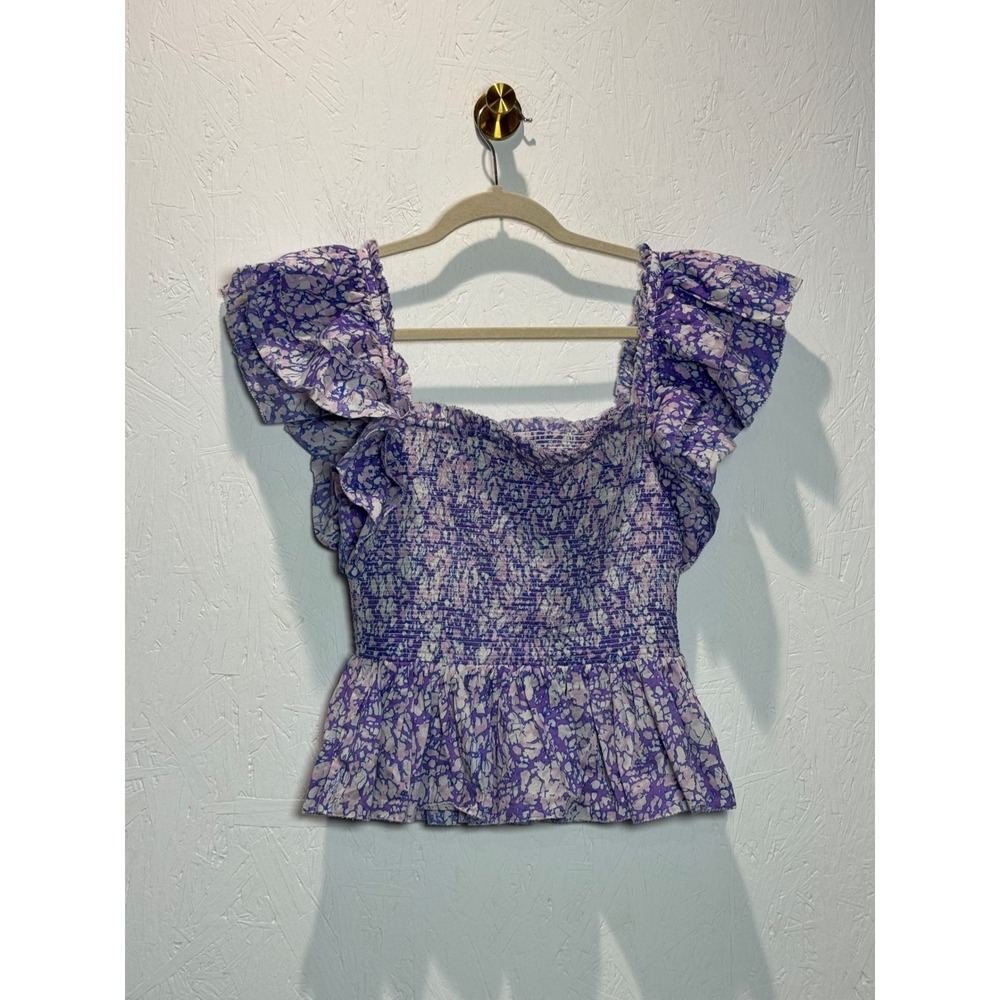 Love The Label Purple Floral Smocked Ruffle Peplum Top Cotton Size M